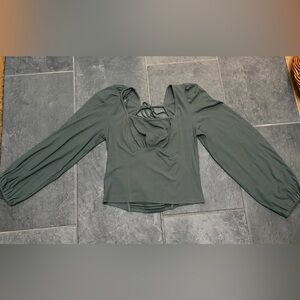 NWT Olive Green Smocked Square Neck Long, Balloon Sleeve Top – Medium